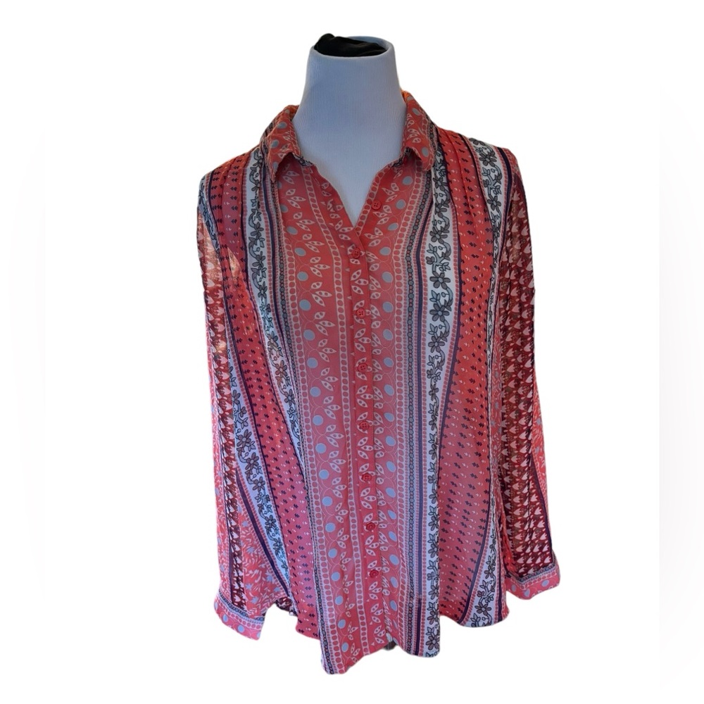 Free People Women’s Hot‎ Coral Button Down  Sheer Long Sleeve Blouse Size Medium
